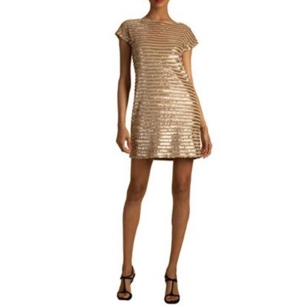NWT!! Trina TRINA TURK Sequin Stripe Mini Party Cocktail Dress Gold‎ Shift Small